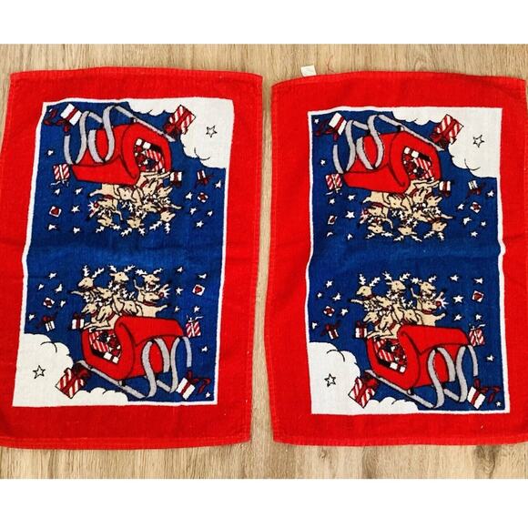Vintage Hilasal Christmas Holiday Hand/Bar Bath Towels Set of 2 Reindeer Sleigh - Picture 1 of 9